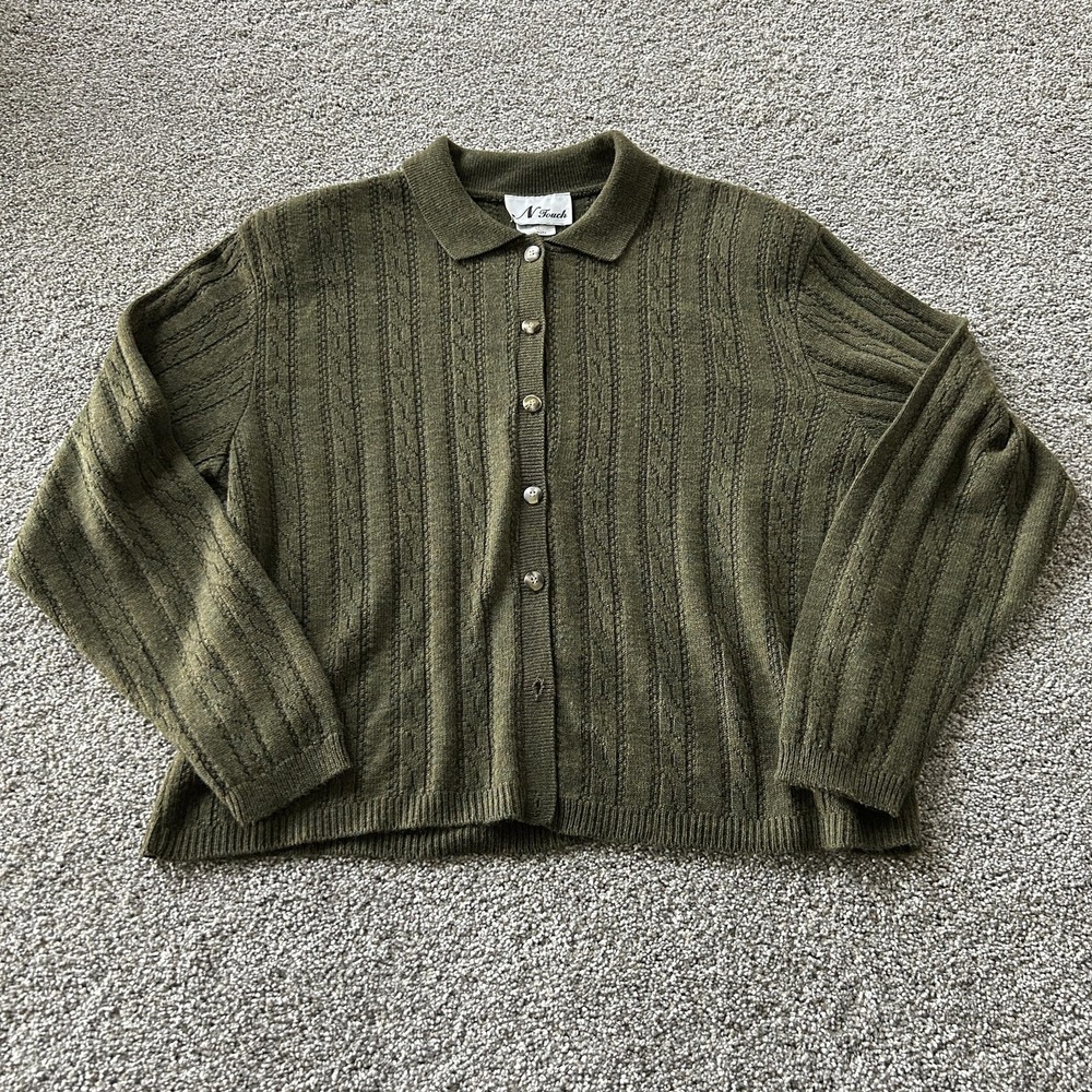 N Touch Cardigan Sweater Womens XL Green Collared Button Front Knit USA